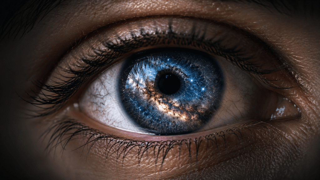 Close-up human eye with the Milky Way integrated into the iris symbolizing consciousness, awareness, observation, and the mystery of human experience
