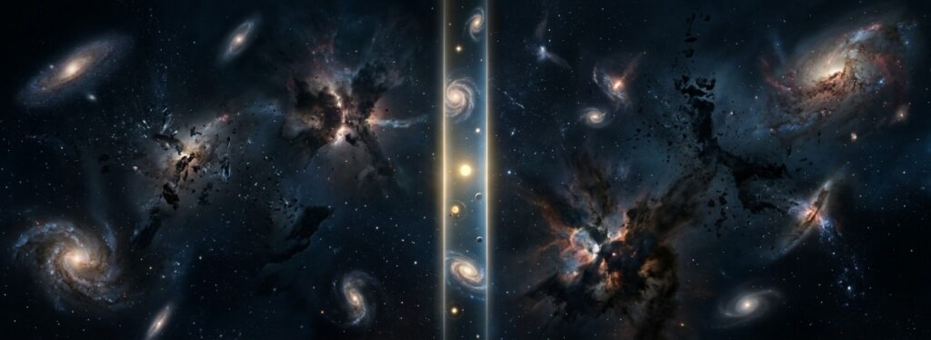 “Cinematic deep-space visualization showing a narrow life-permitting corridor of cosmic stability surrounded by unstable collapsing regions, illustrating the fine-tuning of the universe for life.”