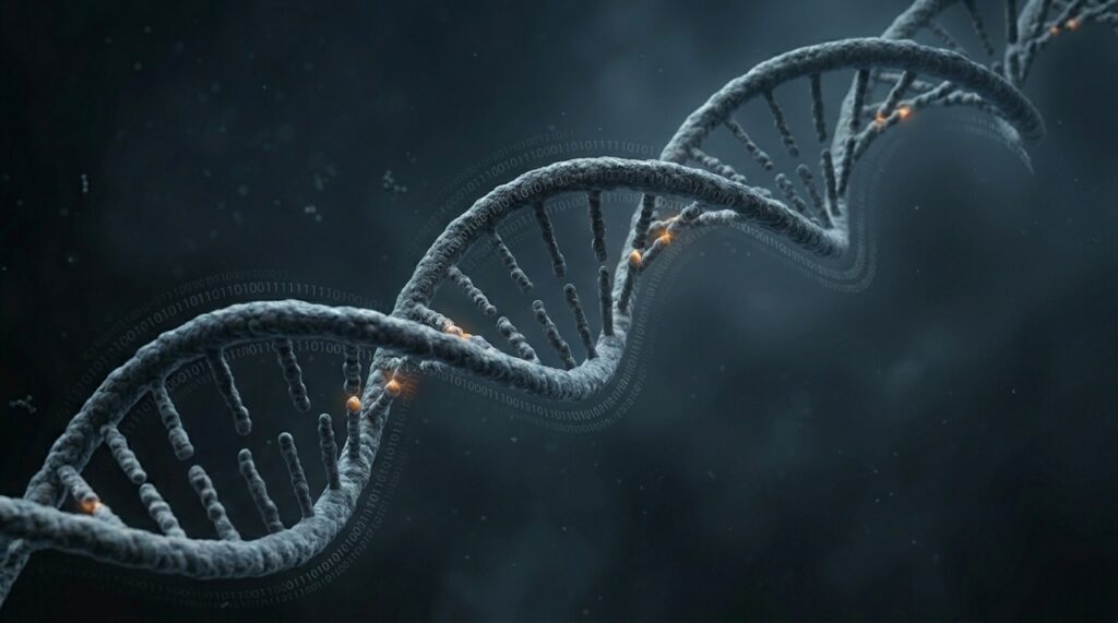 Cinematic DNA double helix with integrated binary code representing biological information, genetic complexity, and intelligent design