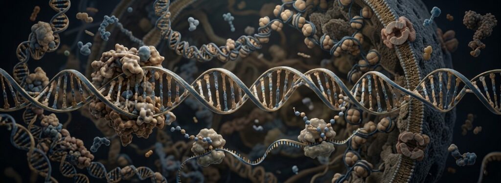 Microscopic view of DNA molecular machinery and cellular information systems illustrating the complexity of genetic code and the evidence of intelligent biological design.