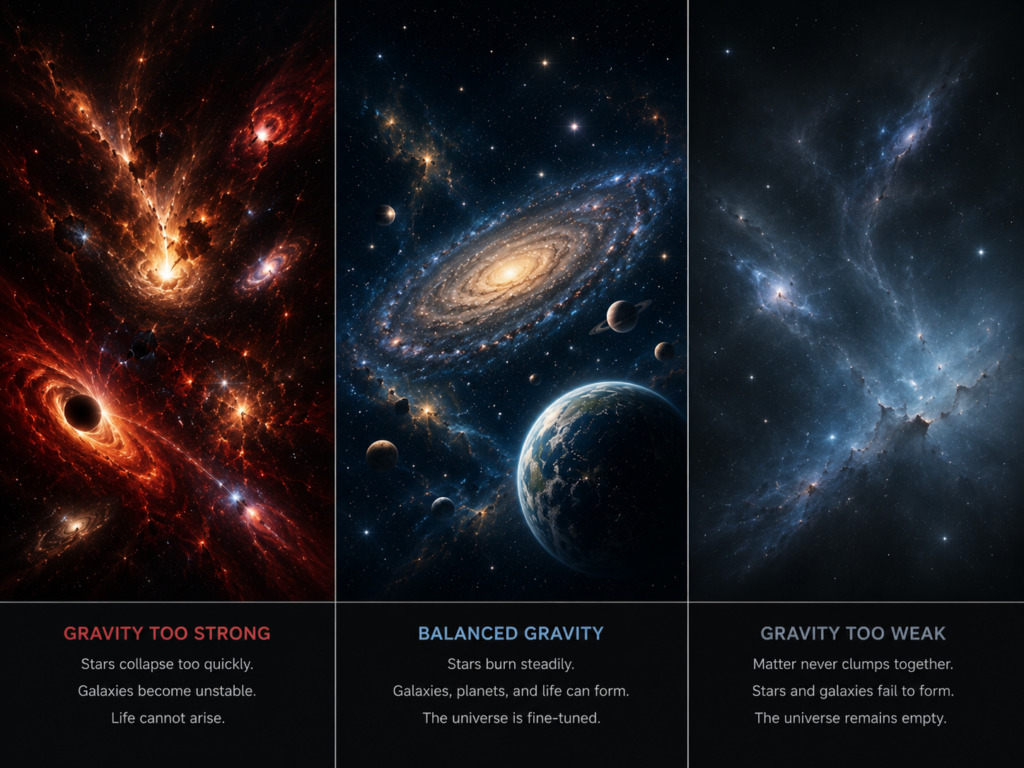 Fine-tuning of the universe comparison image showing gravity too strong, balanced gravity, and gravity too weak, illustrating cosmology, intelligent design, and scientific evidence for God