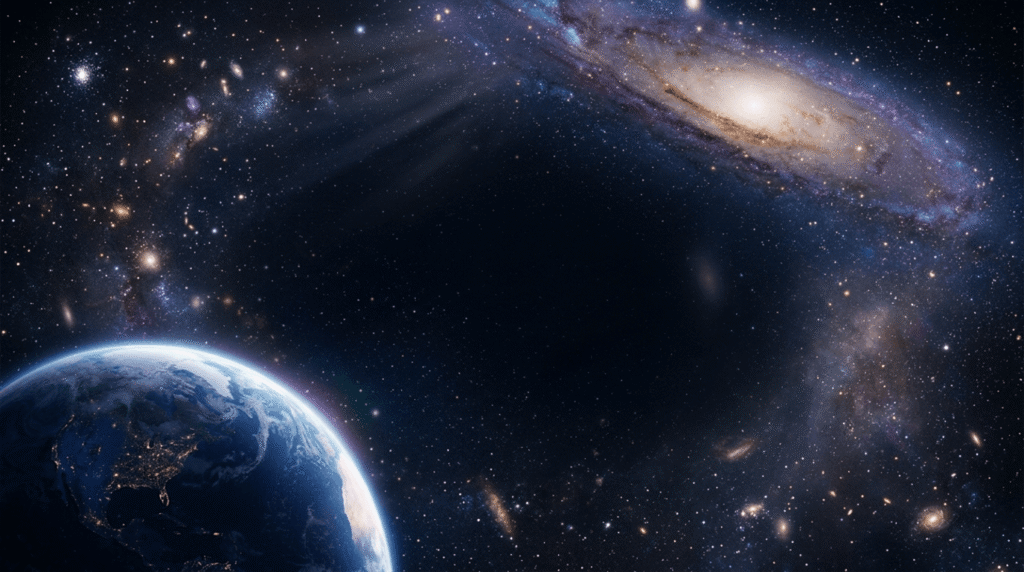 Cinematic cosmic universe scene with Earth, galaxies, and deep space representing questions about God, existence, reality, cosmology, and the origin of the universe