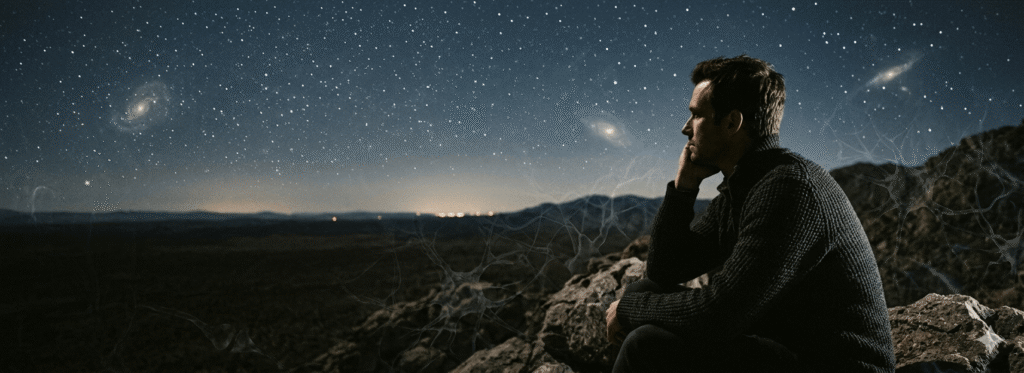 Thoughtful man observing the night sky and universe while reflecting on consciousness, existence, reality, and the mystery of human awareness