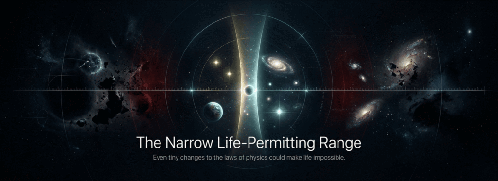 Cosmic fine-tuning illustration showing the narrow life-permitting range of the universe with balanced physical constants, galaxies, Earth, and precision measurements representing evidence of intelligent design.