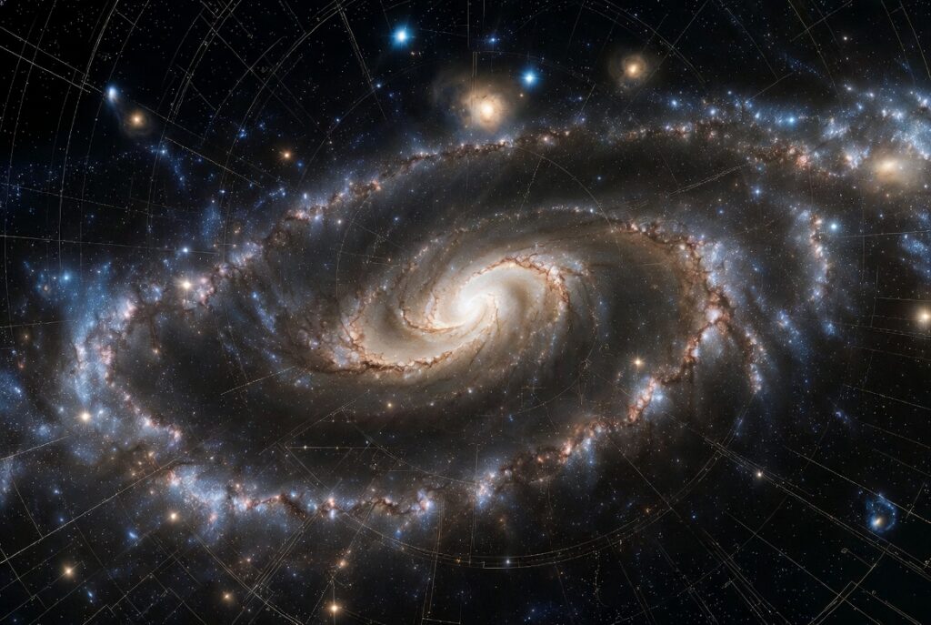 Spiral galaxy illustrating the precision of physical constants and the fine-tuning of the universe with subtle mathematical geometry and cosmic order