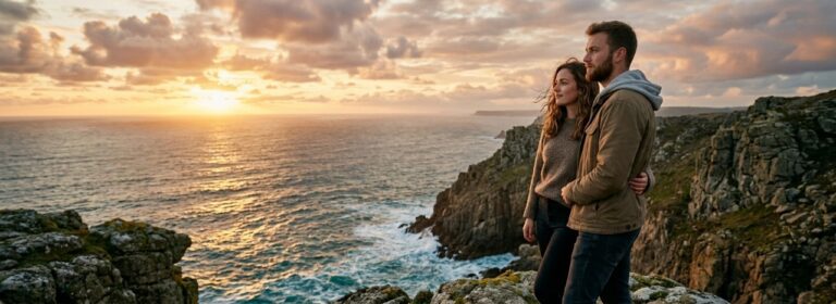 Thoughtful attractive couple overlooking a glowing ocean sunset from dramatic cliffs while reflecting on beauty, love, meaning, and human existence