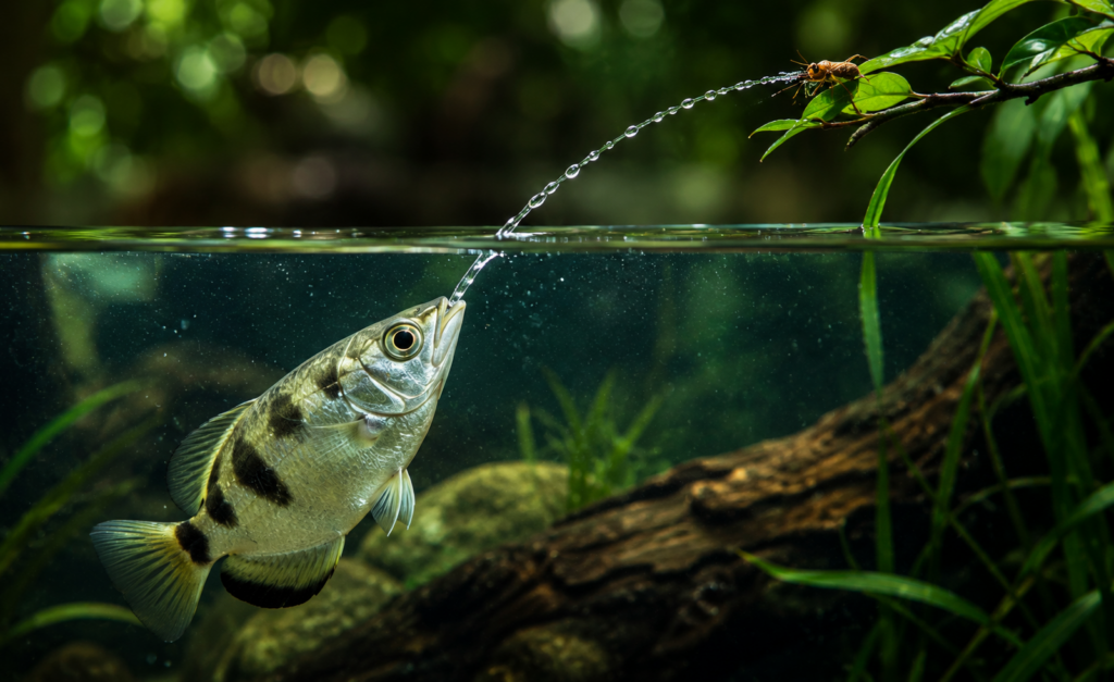 Archerfish shooting a precise jet of water at an insect perched above the water, demonstrating remarkable biological targeting accuracy and specialized hunting behavior.
