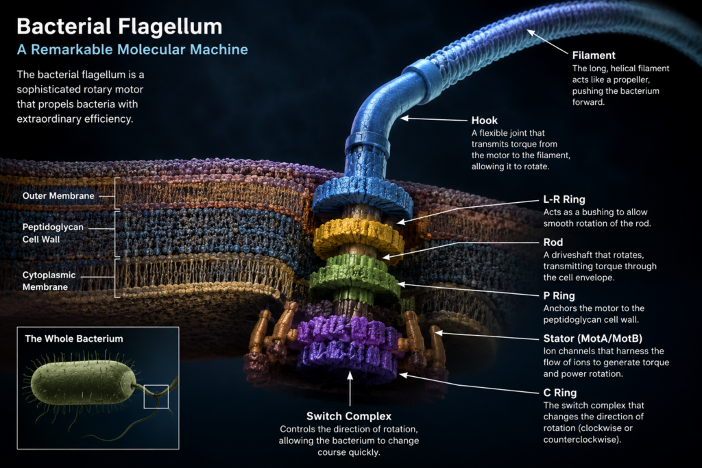 Labeled diagram of the bacterial flagellum showing its rotary motor components, including the filament, hook, stator, rotor, rings, and switch complex.