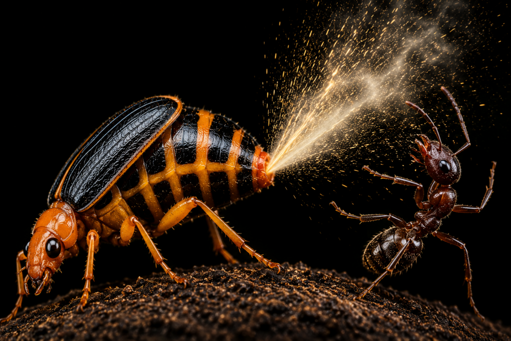 Bombardier beetle spraying its chemical defense at an attacking ant, demonstrating one of nature's most remarkable biological defense systems.