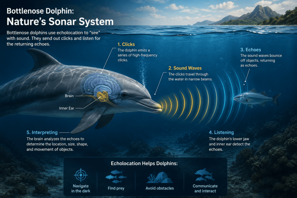 Scientific diagram illustrating bottlenose dolphin echolocation, showing how clicks, sound waves, returning echoes, and the dolphin's brain and inner ear work together to navigate, locate prey, and interpret its underwater environment through biological sonar.