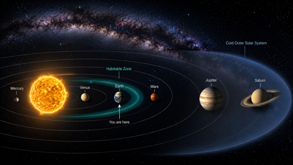 Scientific visualization showing Earth within the habitable Goldilocks Zone of the Solar System, with Venus, Mars, Jupiter, Saturn, and the colder outer Solar System.