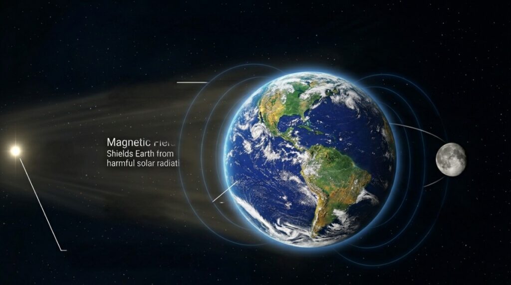 Educational infographic showing Earth's life-support systems, including sunlight, atmosphere, magnetic field, liquid water, axial tilt, Moon, and tides that help make Earth habitable for life.