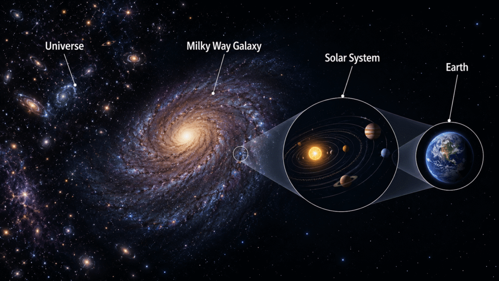 Educational illustration showing Earth within the Solar System, the Solar System within the Milky Way Galaxy, and the Milky Way within the larger Universe.