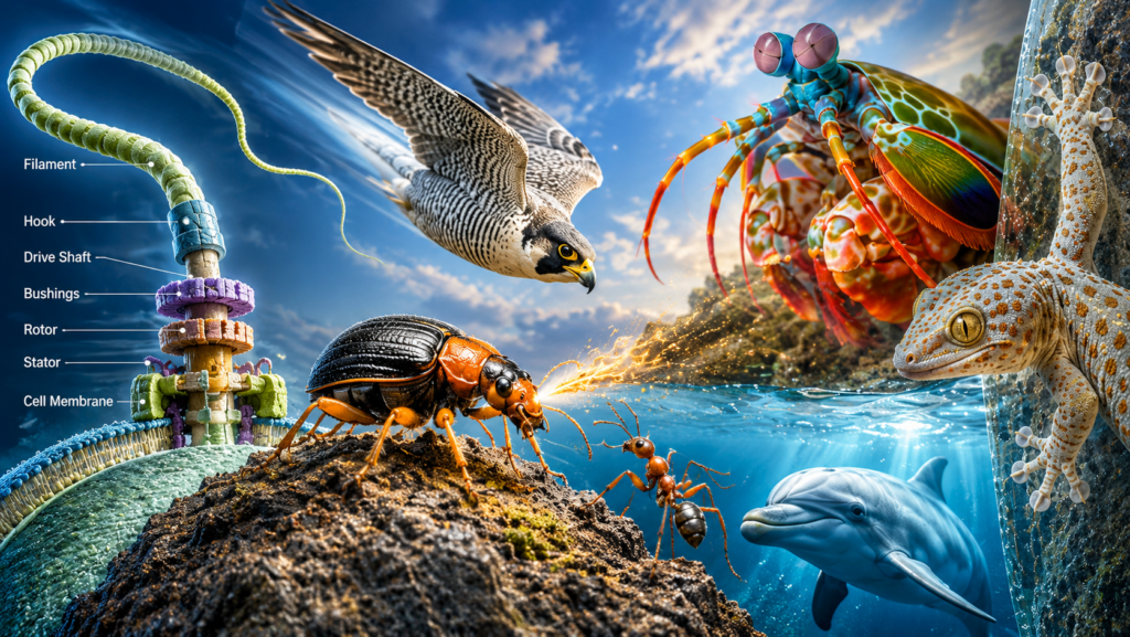 Photorealistic montage of remarkable biological systems including a bacterial flagellum, bombardier beetle, peacock mantis shrimp, gecko, bottlenose dolphin, and peregrine falcon illustrating biological complexity in nature.