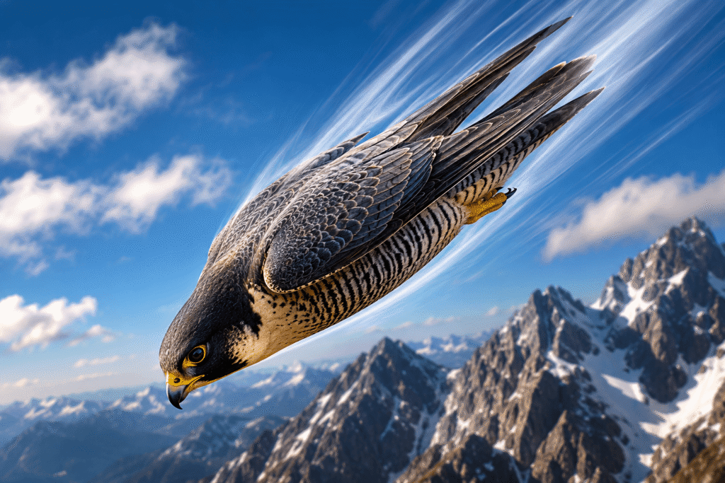 Peregrine falcon performing a high-speed stoop over mountain peaks, illustrating the aerodynamic adaptations and precision flight that make it the fastest animal on Earth.