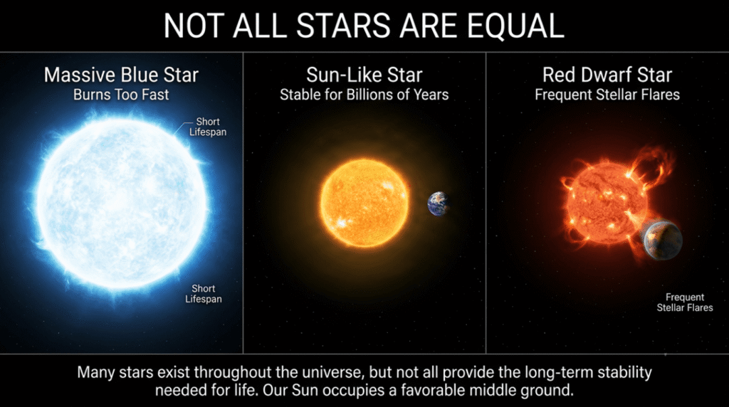 Educational comparison of a massive blue star, a stable Sun-like star with a habitable zone, and a red dwarf star showing how different star types affect planetary habitability and the potential for life.