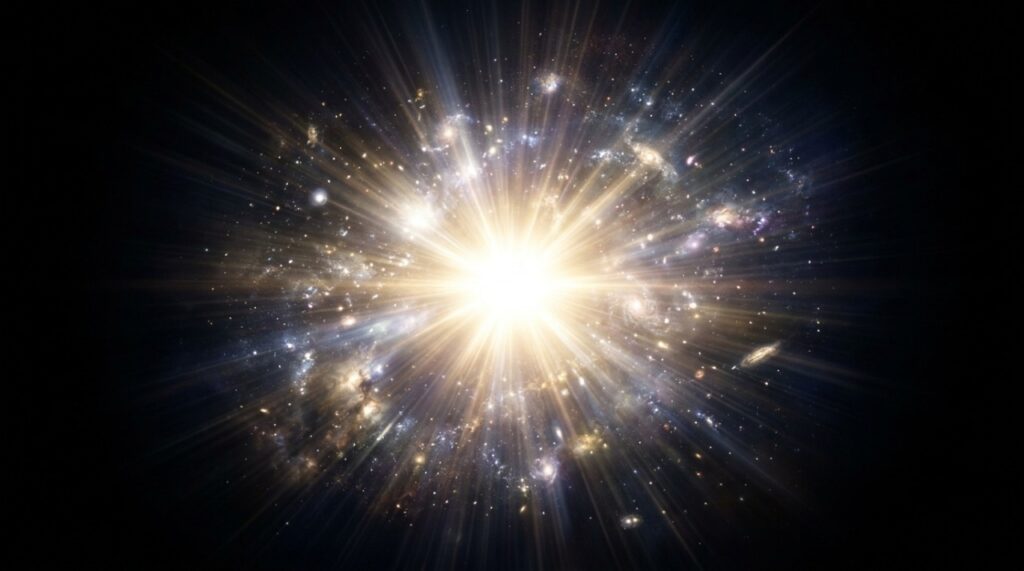 Cinematic illustration of the Big Bang and the origin of the universe with a brilliant burst of light expanding into space, galaxies, and cosmic structures