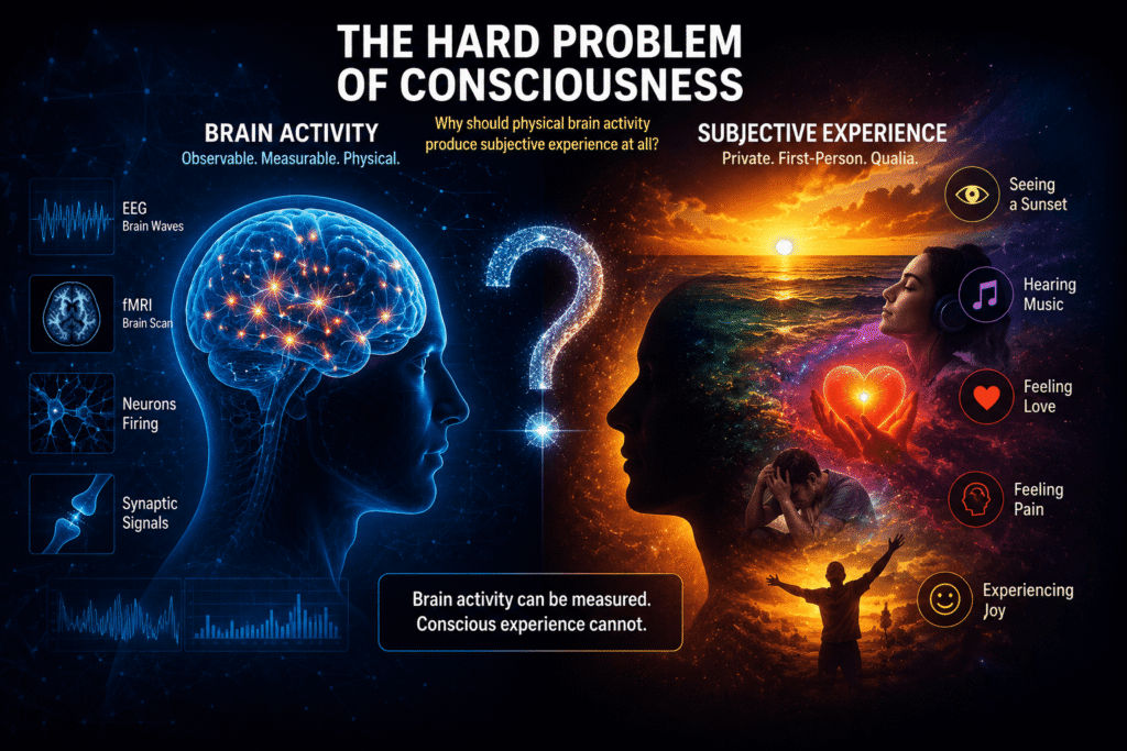 Illustration of the hard problem of consciousness comparing measurable brain activity with subjective conscious experience, including emotions, perception, memory, and awareness.