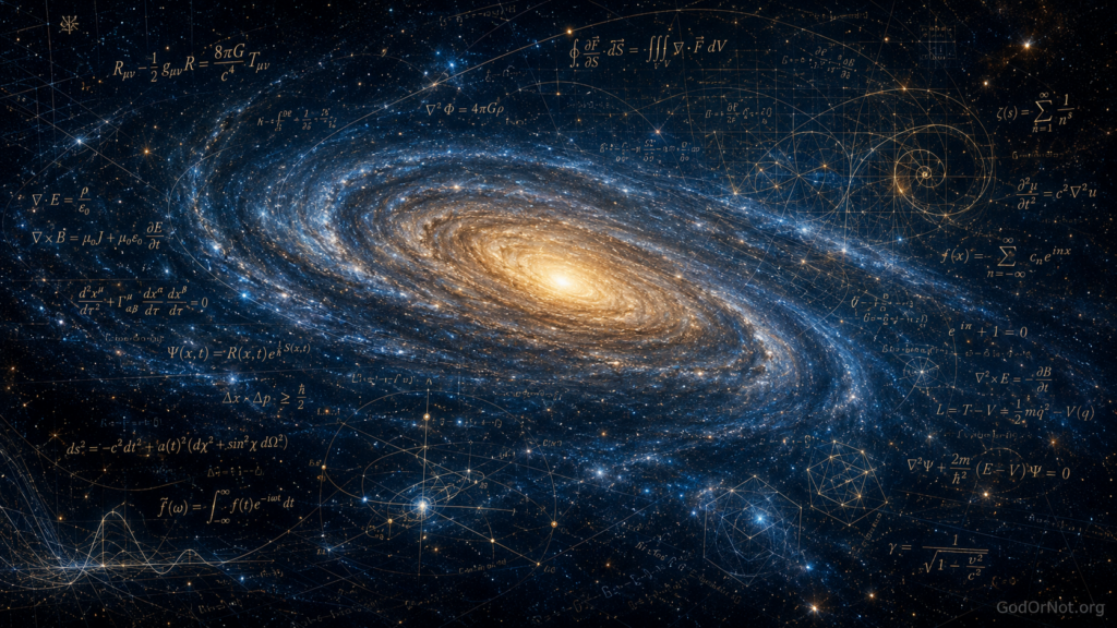 Translucent mathematical equations and geometric grid lines glowing over a deep-field spiral galaxy, illustrating cosmic order and the mathematical structure of the universe.
