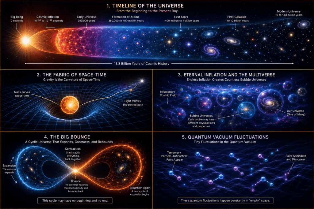 Illustration comparing major theories about what existed before the Big Bang, including the universe timeline, space-time, eternal inflation, the Big Bounce, and quantum vacuum fluctuations.