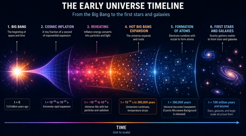 Timeline illustrating cosmic inflation in the early universe, from the Big Bang through reheating, atom formation, and the first stars and galaxies.