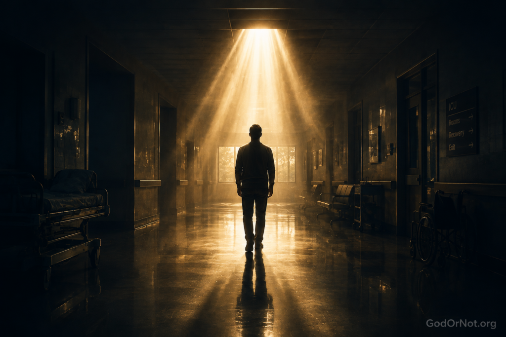A lone person standing in a dark hospital corridor beneath warm light, symbolizing the question of whether miracles are real.