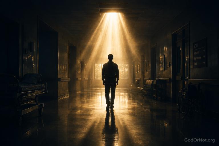 A lone person standing in a dark hospital corridor beneath warm light, symbolizing the question of whether miracles are real.