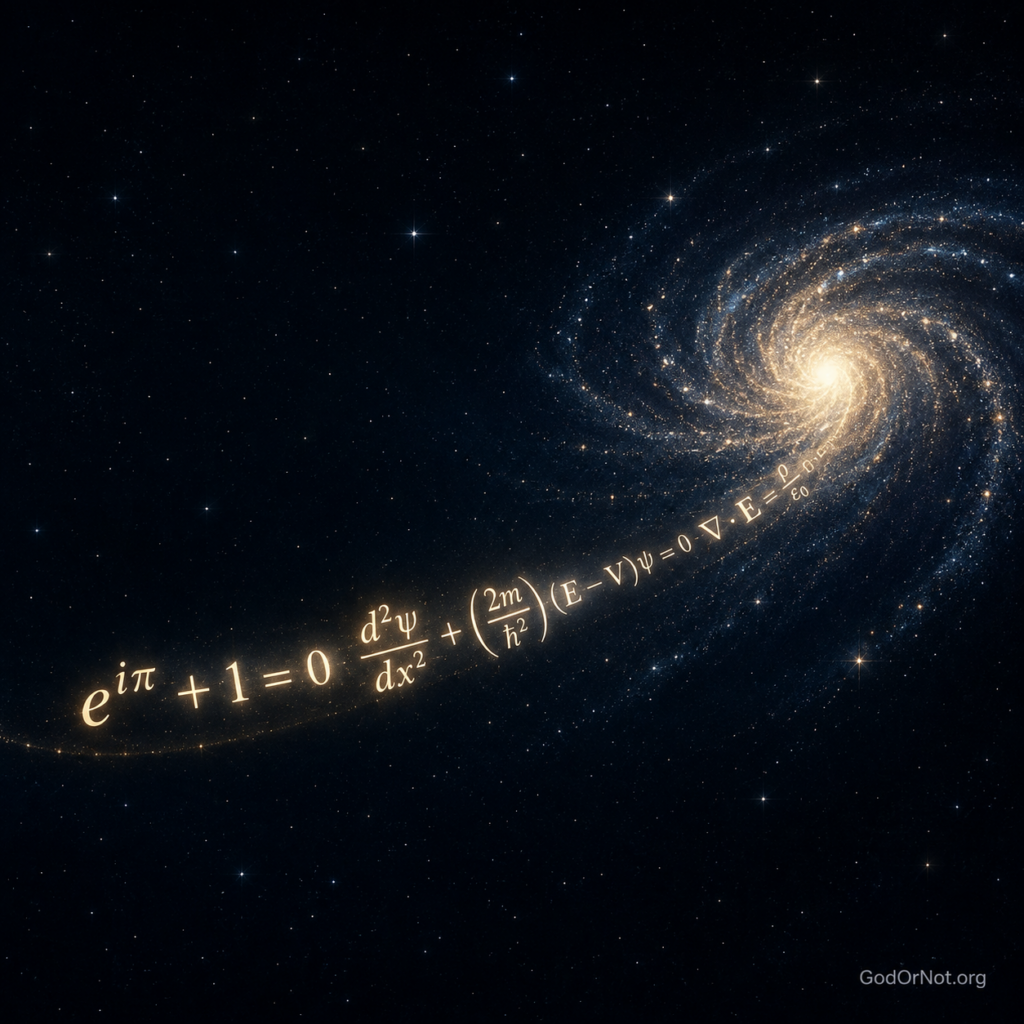 Glowing mathematical equations curve through a starfield and transform into a spiral galaxy, illustrating the mathematical structure of the universe.