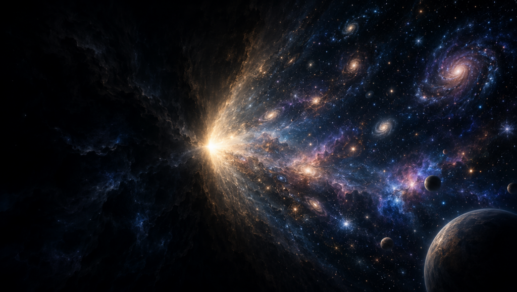 Light and galaxies emerging from cosmic darkness, illustrating why the universe exists instead of nothing.