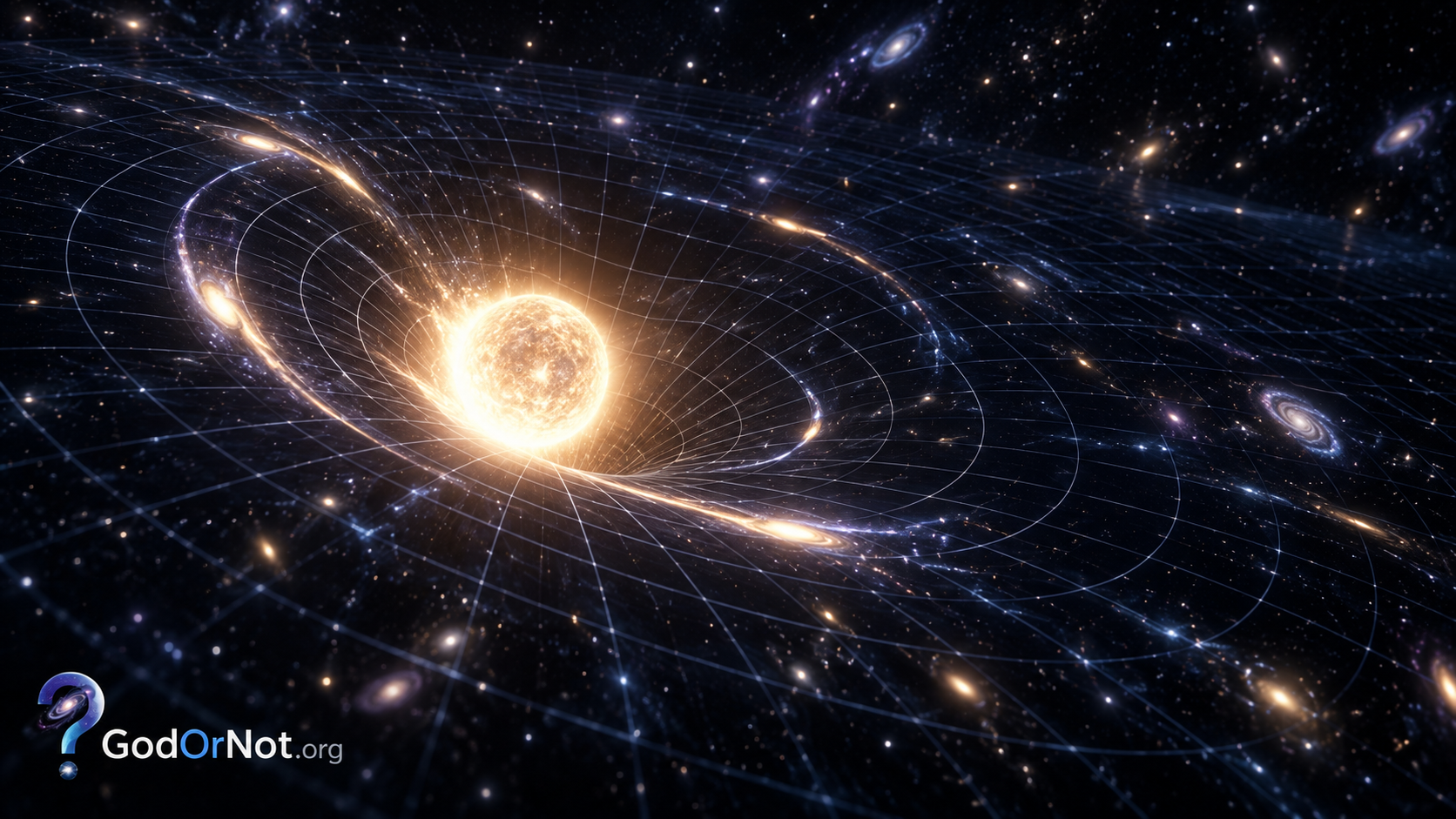 Scientific visualization of curved spacetime in general relativity, showing a massive star bending the space-time grid and distorting surrounding light through gravitational lensing.