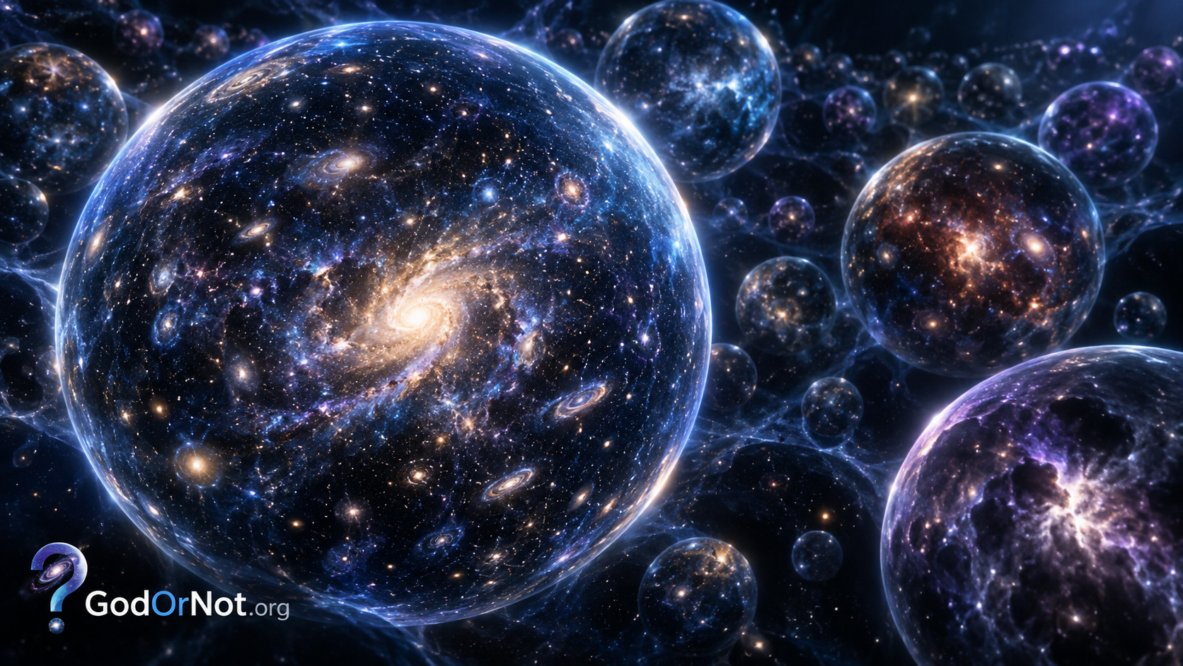 Scientific visualization of the multiverse hypothesis showing multiple bubble universes with galaxies and cosmic structure.